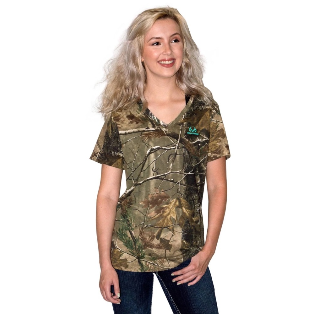 Real tree v neck Green and brown camo short sleeve tshirt tee top